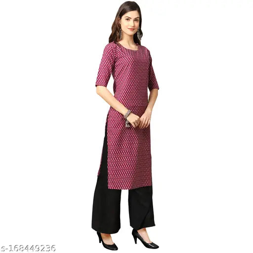 Stylish women's wine-colored kurta & black palazzo set, printed net motif on crepe fabric, easy summer wear