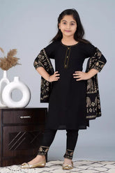 Stylish rayon kurti pant set with dupatta for girls, solid printed three-quarter sleeve design, Indian origin, pack of 3 (9-10 yrs, 11-12 yrs)