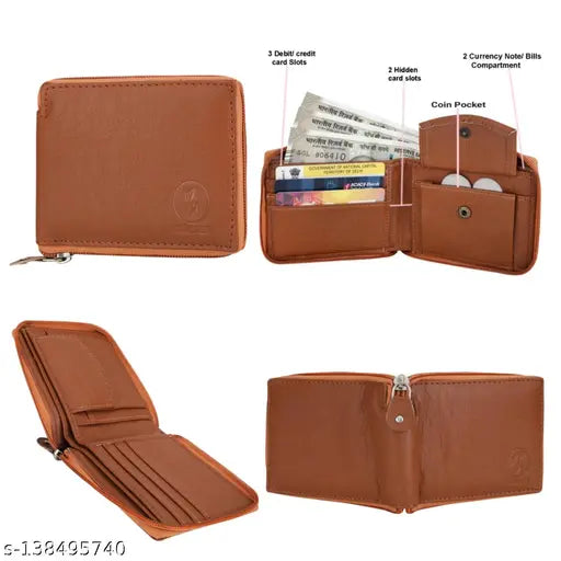 Faux leather, tan round wallet by ZOSTER. Solid pattern, spill-proof, and compact design with three card slots, coin pocket, and two main pockets. Handy for all storage needs, featuring a zip closure