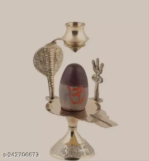 Brass gold brown Haridwar Divine Narmadeshwar Shiva Ling with Trishul decorative showpiece - Indian spiritual home decor piece, 6cm x 6cm x 7cm