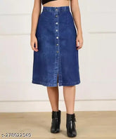 Denim women's skirt, solid pattern, below-knee length with front slit and buttons, perfect for fashionable wear, size 28-40, made in India