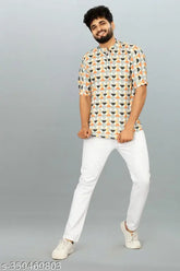 Men's self-designed polo neck polyester T-shirt, short sleeves with printed pattern, size M, Made in India