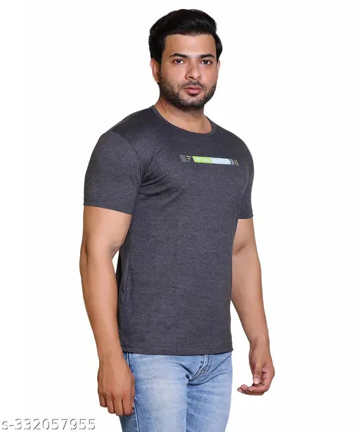 Grey cotton blend MEXMY mens typography round t-shirt, regular fit and short sleeves, paired with casual bottoms for versatile style. Made in India