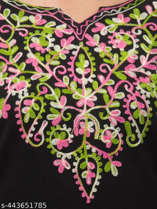 Woolen embroidered kurti, three-quarter sleeves, woolen embroidery on traditional Indian garment