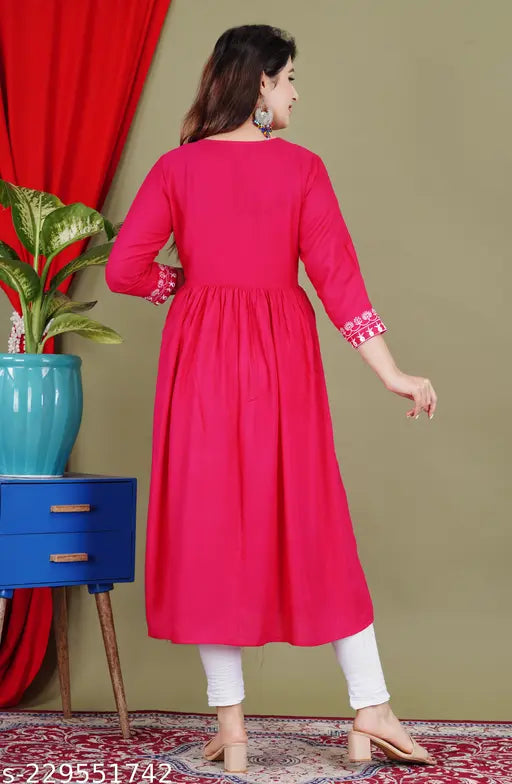 Rayon embroidered kurti with three-quarter sleeves, Indian handcrafted garment for women's fashion, size S - XXXL available