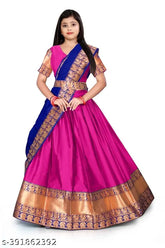 Art Silk South Indian bridal lehenga choli for girls, featuring floral stitch and zari print bottomwear, unstitched topwear, and solid woven fancy border dupatta. 100% best quality. Available in multiple sizes (12-13, 13-14, 14-15, free size). Dry clean only. Indian origin