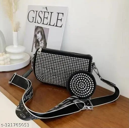 Canvas and leather checked cross-body bag with coin chain strap, side purse pouch for women's handbag, free size (10in x 3in x 5in) from India