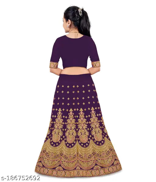 Trendy poly silk kids lehenga-choli set, embroidered ethnic wear for ages 2-15, Indian origin