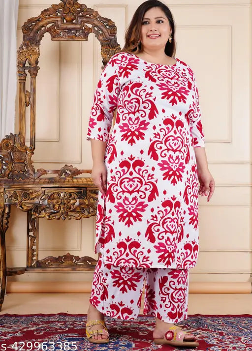Plus size floral print rayon kurta and palazzo set, three-quarter sleeves, women's clothing for plus sizes, Indian traditional wear on mannequin