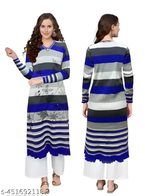 Blue printed woolen jhalar kurta for women & girls, warm & stylish daily wear, Indian winter design