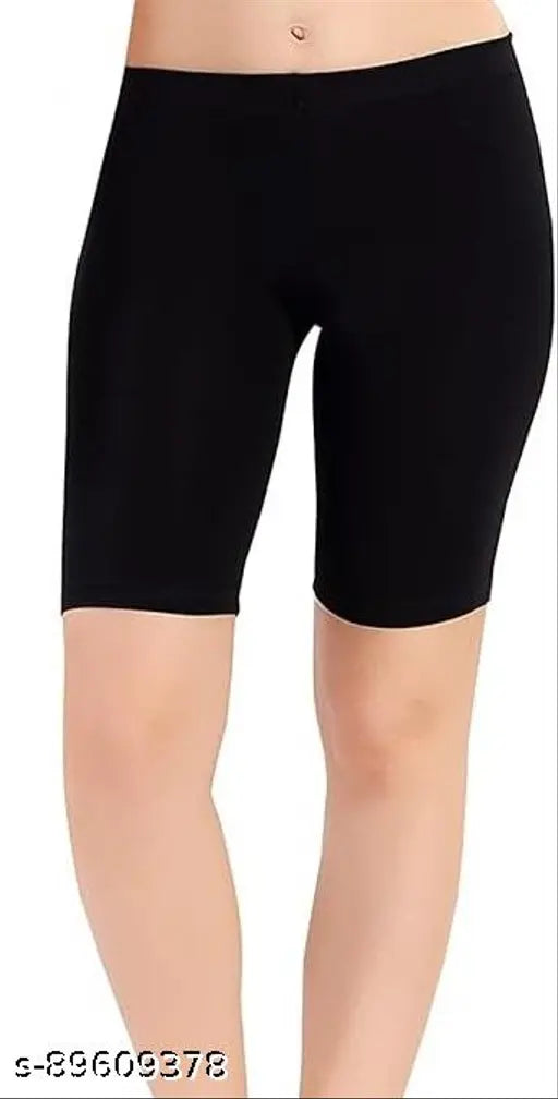 Black cotton lycra women's/girls multi-purpose shorts for cycling, yoga, gym, sleepwear, school, fancy, and swimwear. Breathable and sweat-wicking fabric. Size: 24-38 (IN)