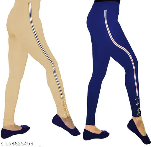 Solid cotton blend chain bottom combo, beige and royal blue for women's casual wear