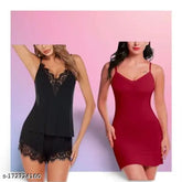 Black and maroon nylon babydoll nightdress with spaghetti strap top and short bottom, suitable for women and girls sizes 28-36
