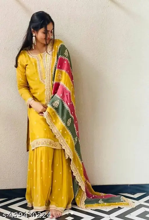 Heavy Georgette Top Dupatta with Sharara Suit Set - Embroidered, Three-Quarter sleeves, XL size, Indian design