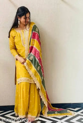 New designer Georgette heavy fuax top duppata with sharara suit set, embroidered in three-quarter sleeves, XL size from India