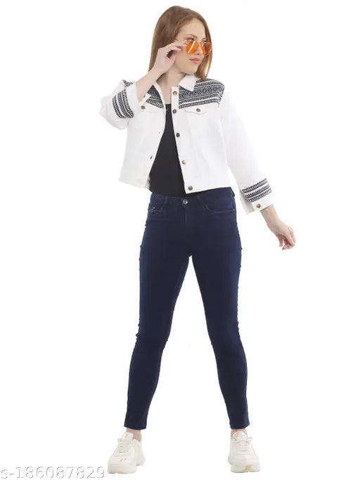 White denim jacket with navy white stripe and embroidered pattern, long sleeves, size N from India