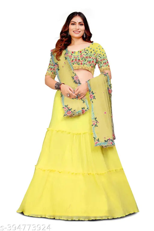 Embroidered georgette choli and net dupatta set, new designer heavy lehenga in semi-stitched style (waist size 44in, length 44in, dupatta 2.3in), Indian origin