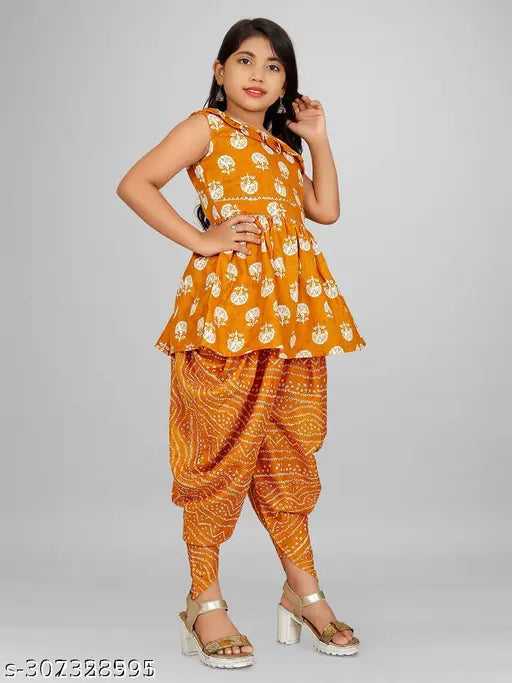 Yellow Rayon Bandhani Printed Girls Kurta Set with Dupatta and Dhoti - Indo-Western style, A-line top and dhoti pants for special occasions like Diwali or Navratri