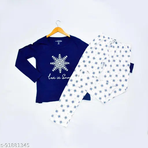 Pinkdots Night Suit - Cotton navy blue t-shirt and white pyjama set, printed design, long sleeves, various sizes available