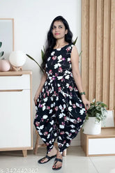 Black crepe dhoti jumpsuit with printed net pattern, sleeveless and available in sizes S-XL. Indian ethnic wear
