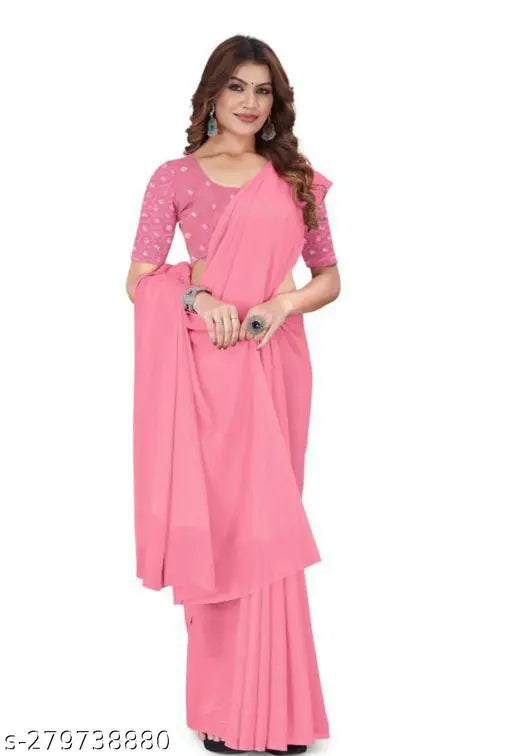 Shimmer Gergete pink saree, single piece, solid Georgette fabric with embellished net blouse, India-made