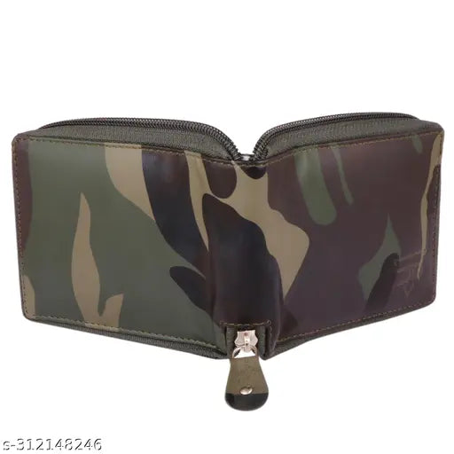 Men's trendy army-style faux leather zipper wallet, RFID blocking for secure storage