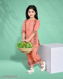 Green cotton kurti and pyjama set for girls with printed design, suitable for 2-11 years