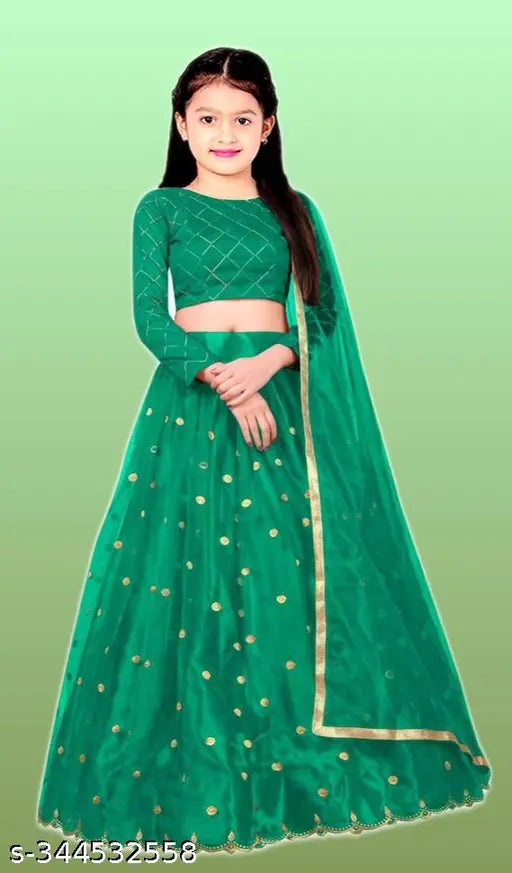 Embroidered semi-stitched silk blend lehenga set with net dupatta and unstitched satin choli, suitable for parties, weddings, or festive wear. Indian made