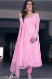 Pink Georgette gown with lace border dupatta, women's formal wear, solid net, XXS-XXXL sizes available
