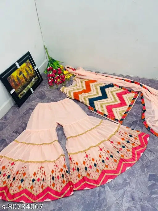 Aakarsha refined women's dupatta set, georgette fabric with sleeveless kurta and bottomwear, printed pattern from India