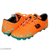 Orange PVC and Eva football shoes for boys, lightweight, water-resistant, designed for ground and turf use with lace-up fastening. Perfect for growing athletes seeking style, comfort, and performance