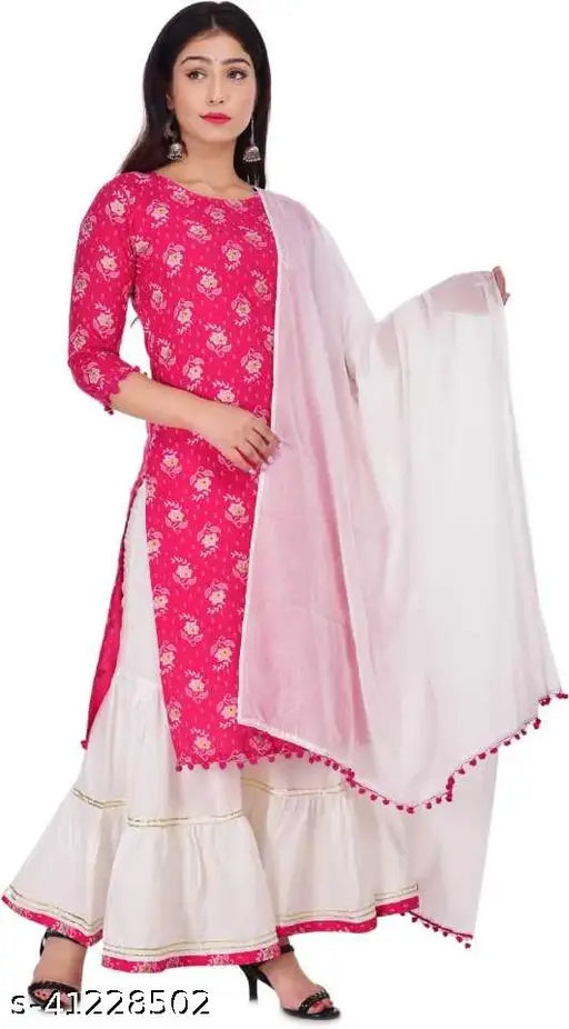 Charvi Petite Women Dupatta Sets - Cotton rayon ethnic set, ¾ sleeves, printed and stitched net design in round neck, suitable for parties, functions, traditional events, and weddings