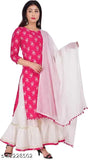 Charvi Petite Women Dupatta Sets - Cotton rayon ethnic set, ¾ sleeves, printed and stitched net design in round neck, suitable for parties, functions, traditional events, and weddings