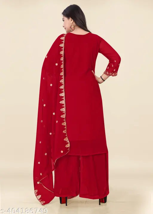 Georgette Zari embroidery Kurta sharara and dupatta set, heavy embroidered Indian palazzo set for function wear. M size (Bust 38in, Top 42in, Bottom 34in, Bottom 40in, Dupatta 2.1in, Shoulder 13in)