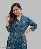 Green cotton cord set for women's palazzo kurta and bottomwear with printed net pattern, three-quarter sleeves in size S to XXL