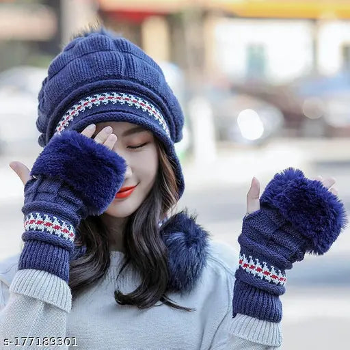 White winter combo: Arcylic beanie cap & gloves, snow-proof with fur lining, women's soft warm wear
