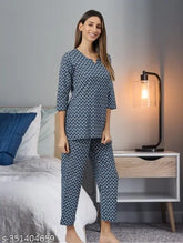 Women's cotton printed blue night suits set with long sleeves, made from Indian cotton cambric for comfort and style