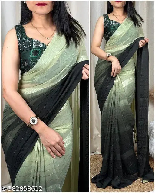 Georgette base two-tone saree with digital print and separate satin silk blouse, free size, India origin