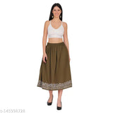 Crepe polyester embroidered calf-length skirt combo pack of 2 with elasticated belts, solid color and various sizes available