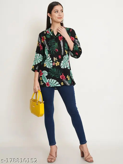 Black viscose rayon longline top with mandarin collar and leaf print, three-quarter sleeves on plus size model