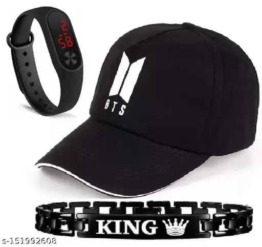 Black cotton BTS cap with LED band watch and free king bracelet for men and boys, self-designed Korean style ball cap accessory on display