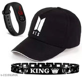 Black cotton BTS cap with LED band watch and free King bracelet for men and boys, classic Korean design on headwear accessory