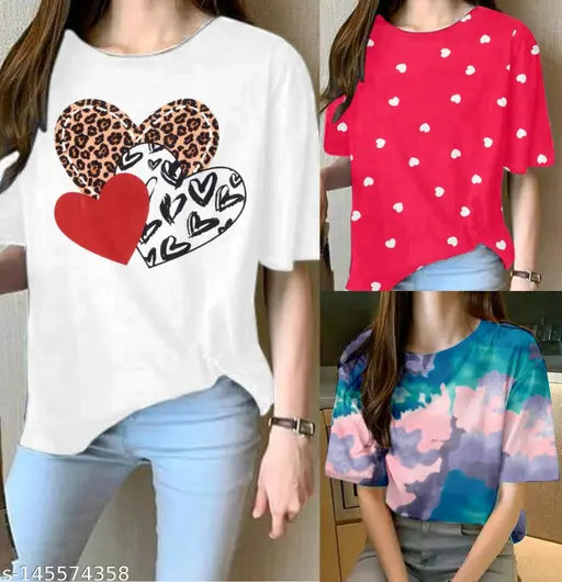 Oversized Lycra t-shirts combo of 3 for women, printed net design in various sizes S-XL, quality fabric with a lifespan of 10 years on display