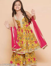 Rayon kids kurta sharara set with chiffon dupatta, printed in vibrant Indian patterns for 5-6, 7-8 years old