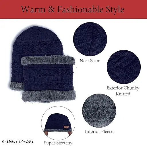 Black woolen cap with neck scarf, 2-in-1 winter accessory from Saraswati trading company. Warm and fashionable beanie hat with criss-cross basket weave design for adults. Hand wash or machine wash. Ideal for outdoor activities and daily wear