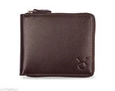 Brown leather men's RFID-protected bi-fold wallet, red round zipper, Hide Horn brand, 2 compartments, 9 card slots, gift packaging included