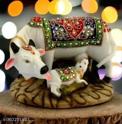 Resin Kamdhenu cow and calf figurine with stone studding - Indian handcrafted spiritual decor