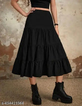 Black rayon calf-length Western skirt for women, solid pattern, fits sizes 24 (30/36), XS-XL. Made in India