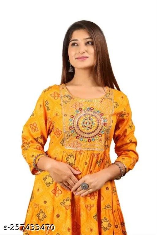 Embroidered rayon tiered gown for women, three-quarter sleeves, trendy Indian design - M (38in bust, 52in size length), L (40in bust, 52in size length), XL (42in bust, 52in size length)