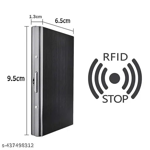 Black aluminium men's card holder, 6-card slots steel construction. Slim, portable, and durable credit card organizer for daily use, travel, or business. Classic design with secure accordion-style display and maximum capacity of 7 cards/6 cards + 3 folded bills. Made in India